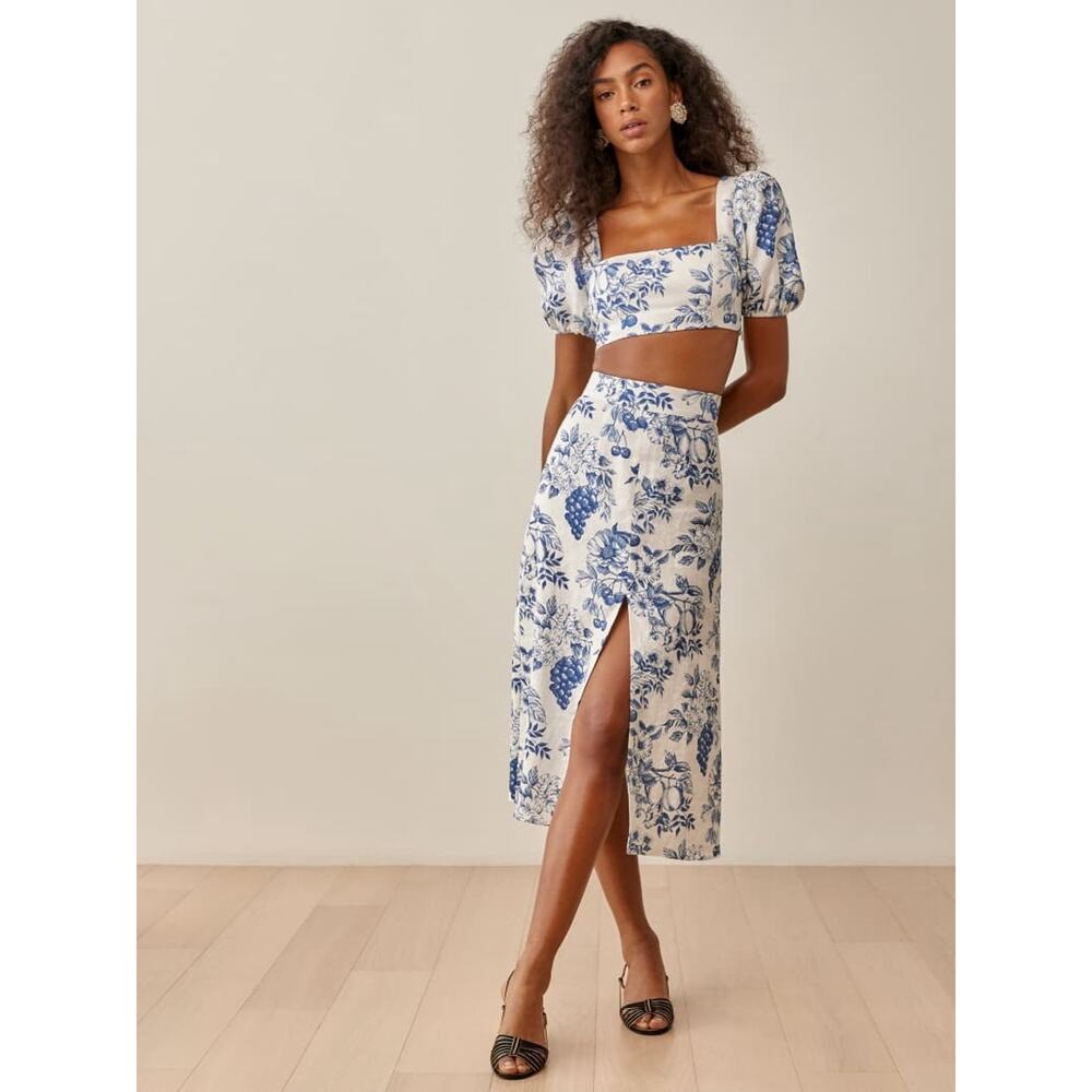 Reformation Jonas Linen 2 Piece Skirt Top Floral Sz 6 Blue White Set Resort‎